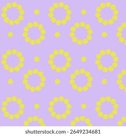 Seamless pattern with yellow tennis ball circles on purple background. Fun and sporty design in flat style, perfect for textiles, wallpapers, or tennis-themed products.