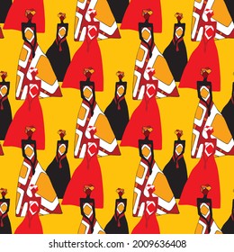 seamless pattern yellow three silhouettes african women fashion ornament vector