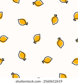 Seamless pattern with yellow tiny lemons with black outline