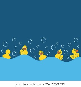 Seamless pattern with yellow toy ducks and bubbles. Colored vector background.