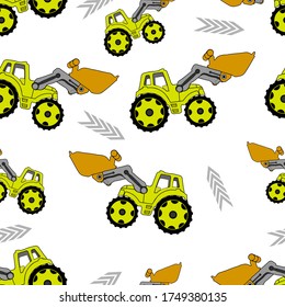 Seamless pattern with yellow tractor and lightning on white background. Children's print for textiles.