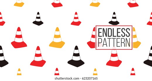 Seamless pattern with yellow traffic cone, red traffic cone, black traffic cone. Inspired by variety of road, building machinery.
