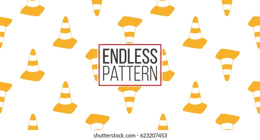 Seamless pattern with yellow traffic cone. Inspired by variety of road, building machinery. Vector background for decoration for children's room, invitations, website, mobile app.