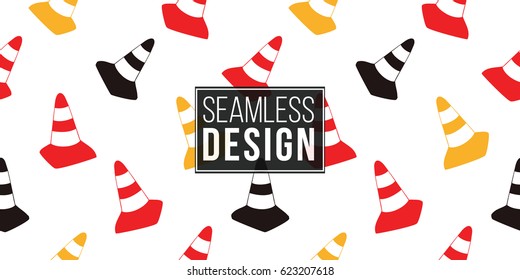 Seamless pattern with yellow traffic cone, red traffic cone, black traffic cone. Inspired by variety of road, building machinery.