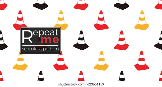Seamless pattern with yellow traffic cone, red traffic cone, black traffic cone. Inspired by variety of road, building machinery.