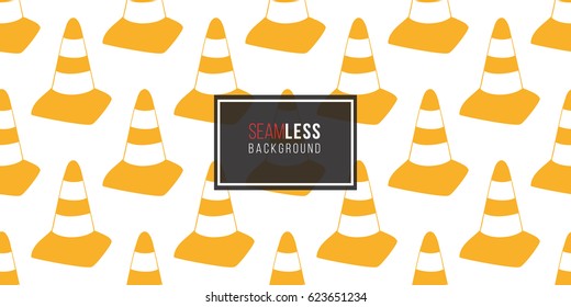 Seamless pattern with yellow traffic cone. Inspired by variety of road, building machinery. Vector background for decoration for children's room, invitations, website, mobile app.