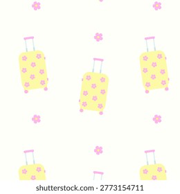 Seamless pattern with yellow travel suitcase and pink flowers. Floral vacation background with luggage icons for summer holiday and tourism design