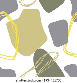 Seamless pattern with yellow trendy color scribbles and grey, green color shapes. Abstract texture. Modern pattern