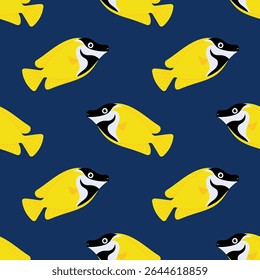 Seamless pattern with yellow tropical fish on blue background. For textiles, wallpapers and packaging, postcards or covers.