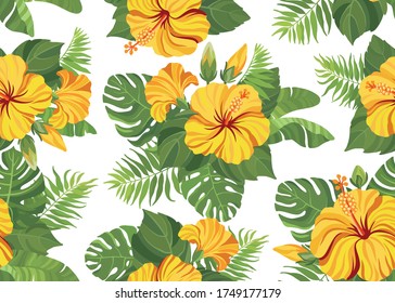 Seamless pattern with yellow tropical flowers hibiscus, plumeria and palm leaves. Vector illustration.