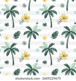 Seamless pattern with yellow tropical flowers and palm trees with black outline. Tropical backckground. Sketch, line art drawing style.