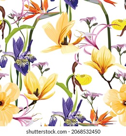 Seamless pattern with yellow tropical magnolia, irys, strelitzia flowers with leaves on white background. Template design for textiles, interior, clothes, wallpaper. Botanical art. Engraving style.