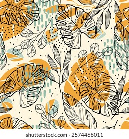 Seamless pattern with yellow tropical plants and leaves. Floral seamless vector tropical pattern background with exotic leaves, jungle leaf. Exotic wallpaper, Hawaiian style.