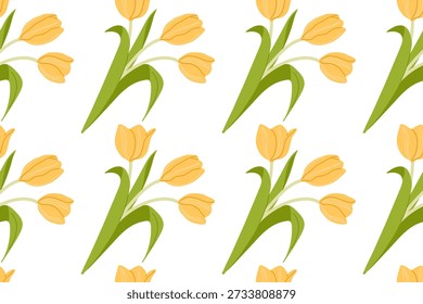 Patrón sin fisuras con ramo de tulipán amarillo, estilo plano. Mano libre dibujado sola flor. Ilustración vectorial colorida. Fondo repetido para el Fondo de pantalla, embalaje, scrapbooking, papel de embalaje, textil