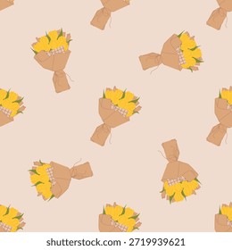 Patrón sin fisuras con ramos de tulipanes amarillos envueltos en papel kraft sobre fondo beige suave, acogedor estampado floral de primavera para tela, envoltura de regalo, decoración de boda y marca femenina. Ilustración vectorial