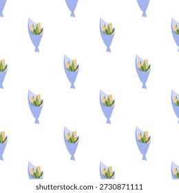 Patrón sin fisuras con ramos de tulipanes amarillos. Fondo floral de primavera para regalos, empaques y decoración del Día Internacional de la Mujer.