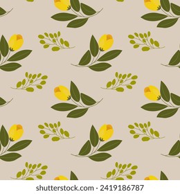 Seamless pattern, yellow tulip flowers and twigs with leaves on a light green background. Floral background, textile, vector.