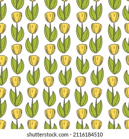 Seamless pattern with yellow tulips. Yellow flowers spring, easter seamless background. Hand drawn.
