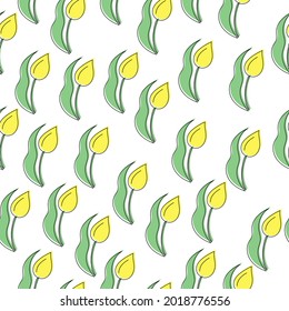 Patrón sin foco de tulipanes amarillos con hojas verdes, delicadas flores de doodle sobre una ilustración vectorial de fondo blanco
