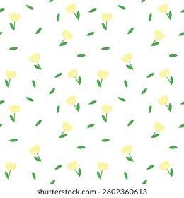 Seamless pattern of yellow tulips with leaves for wallpaper background or fabric design