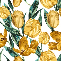 Seamless Pattern Of Yellow Tulips On A White Background.
