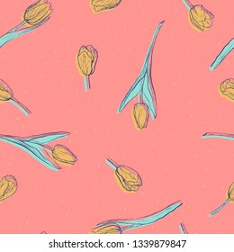 Seamless pattern with yellow tulips on coral background. Hand drawn ink sketch with spring flowers. Flat floral background in pastel colors.
