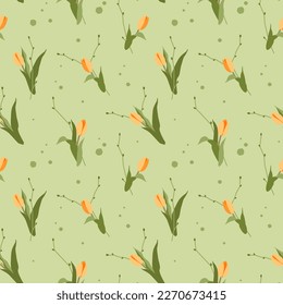 Seamless pattern with yellow tulips on a green background.