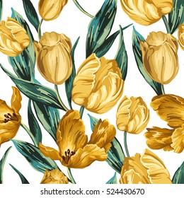 Seamless pattern of yellow tulips on a white background.