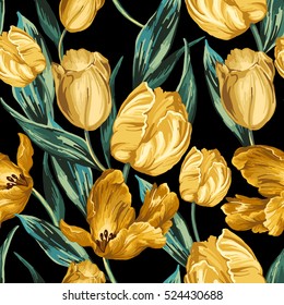 Seamless pattern of yellow tulips on a black background.