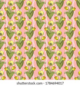 Seamless pattern of yellow tulips, their buds and green leaves. Wavy vertical white lines, pink background. Great for decorating fabrics, textiles, gift wrapping, printed materials, advertising.