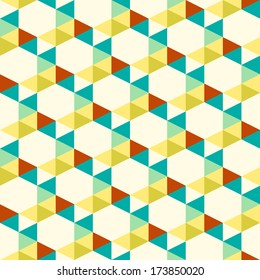 seamless pattern of yellow, turquoise, orange triangles on a light background. triangle background. Retro triangle background.