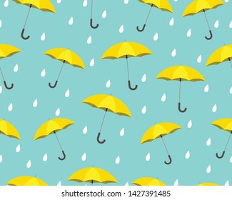 Seamless pattern of yellow umbrella with drops raining on blue background - Vector illustration