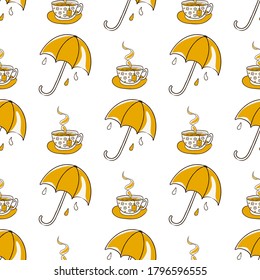 Seamless pattern with yellow umbrellas and a cup of hot tea