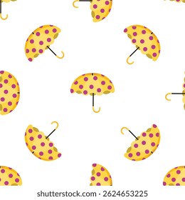 Seamless pattern with yellow umbrellas decorated with purple polka dots, creating a cheerful and stylish design