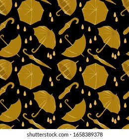 Seamless pattern of yellow umbrellas with golden drops on a black background. Cartoon vector illustration stock illustration.