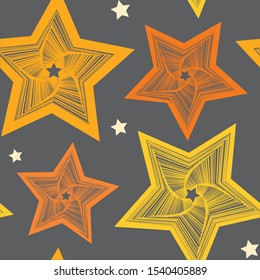 Seamless pattern of yellow unusual stars of different sizes. Suitable for fabric design, such as bedding or curtains in the nursery. Vector illustration.