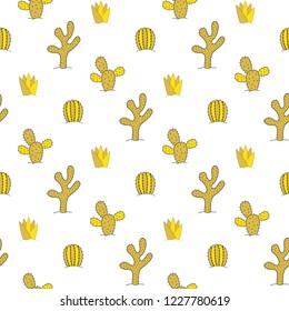 Seamless pattern of yellow varied cacti on a white background.