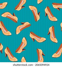 
Seamless pattern yellow vintage shoes with polka dots. Pop art items of clothing for a woman. Vector illustration.