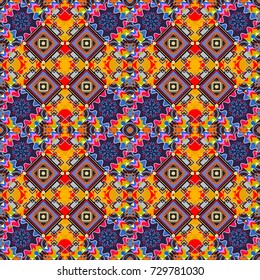 Seamless pattern in yellow, violet and blue colors. Vector background with tiles and rhombus. Vector geometrical seamless ornament.