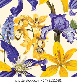 Seamless pattern with yellow violet flowers on a white background with sequins. Hand drawn sketch. Template for floral textile design, paper, wallpaper, web.