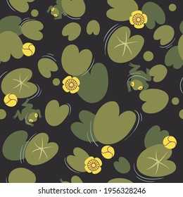 Seamless pattern with  yellow water lily (Nuphar Lutea) on a dark background. Floral print with aquatic plants. Botanical texture.