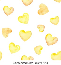 Seamless pattern with yellow watercolor hearts. Background design.