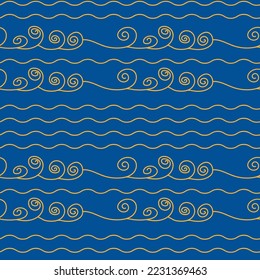 Seamless pattern with yellow waves on blue background. Trendy colors palette. Simple pattern for minimalistic designs, fabrics, textiles, interior decorations and designs in marine style