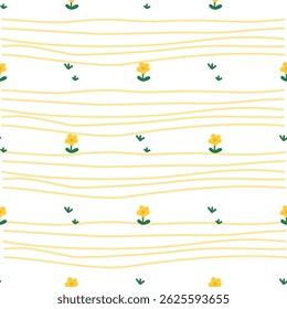 Seamless pattern with yellow wavy lines, cute flowers, and green leaves. Soft, cheerful look perfect for spring, nature themes, fabric, kids’ items, and stationery.