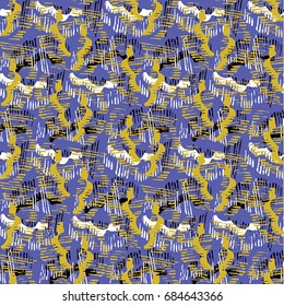 Seamless pattern with yellow, white and black elements on lilac background 
