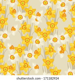 Seamless pattern with yellow and white daffodils.