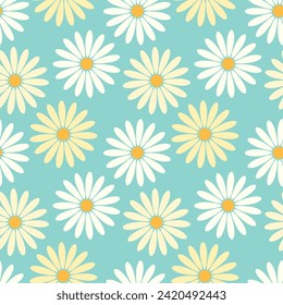 Seamless pattern of yellow and white daisies chamomile on turquoise background.