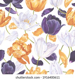 Seamless pattern with yellow, white, dark purple vector tulips. Realistic detailed flowers for your designs, wallpapers, desktop screens, clothing and bedding prints, phone cases, wrapping paper, post