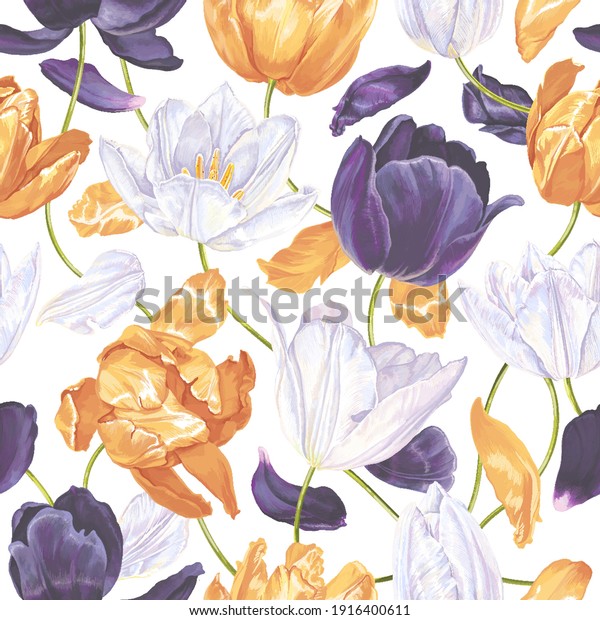 Seamless pattern with yellow, white, dark purple vector tulips. Realistic detailed flowers for your designs, wallpapers, desktop screens, clothing and bedding prints, phone cases, wrapping paper, post