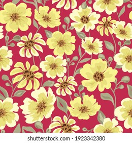 seamless pattern yellow and white flower in the garden on red background.